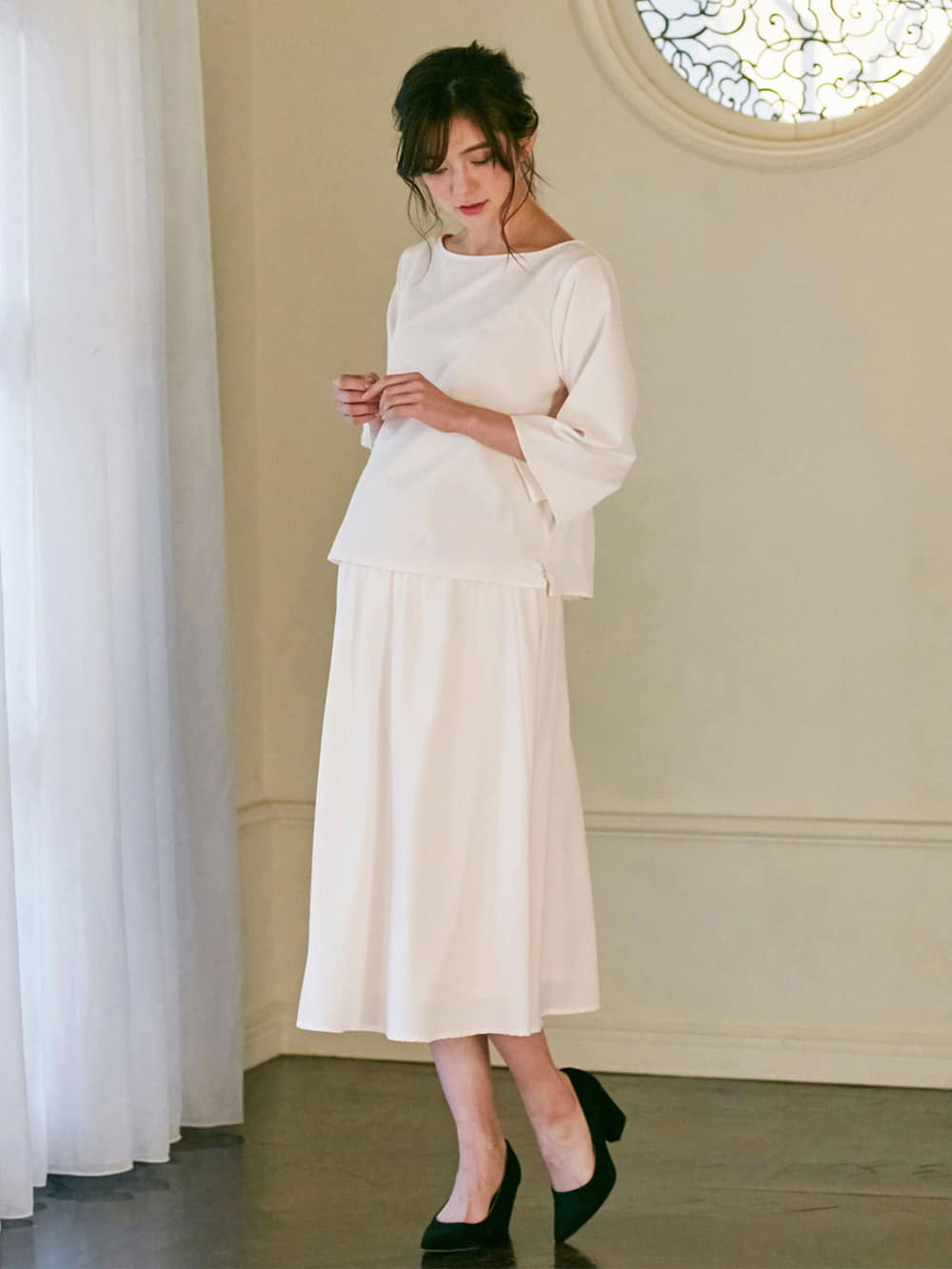 マタニティ ワンピース|皺になりにくい ブラウス×スカートセットアップ　マタニティ・授乳服【出産後も長く使える】|アイボリー×アイボリー