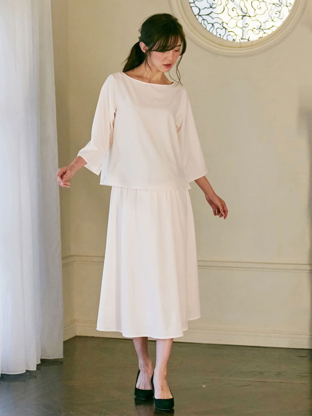 マタニティ ワンピース|皺になりにくい ブラウス×スカートセットアップ　マタニティ・授乳服【出産後も長く使える】|アイボリー×アイボリー