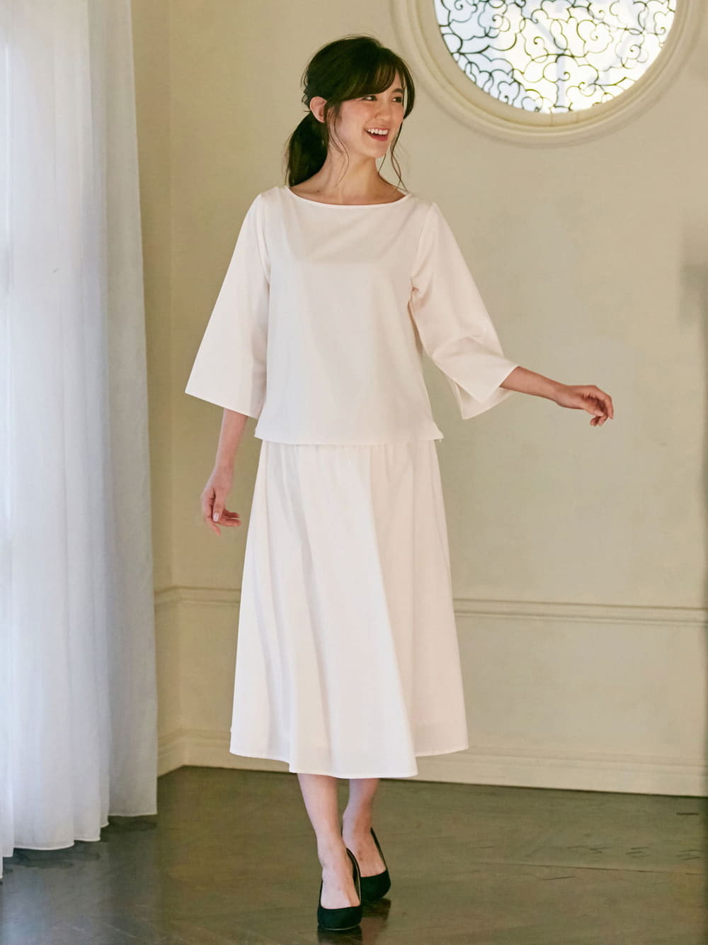 マタニティ ワンピース|皺になりにくい ブラウス×スカートセットアップ　マタニティ・授乳服【出産後も長く使える】|アイボリー×アイボリー