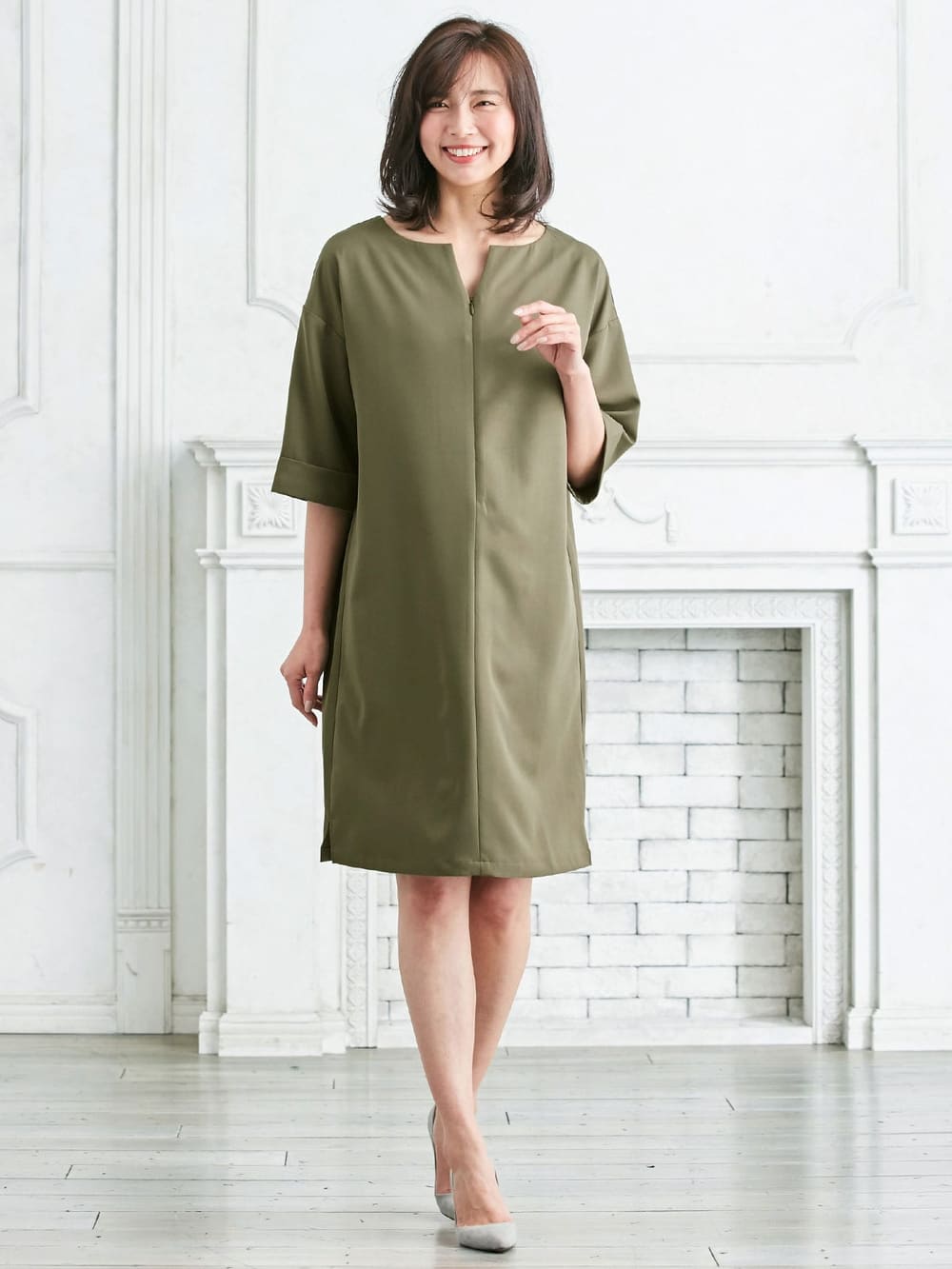 マタニティ ワンピース|キーネックワンピース　マタニティ・授乳服【出産後も長く使える】|カーキ