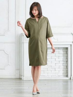 マタニティ ワンピース|キーネックワンピース　マタニティ・授乳服【出産後も長く使える】|カーキ