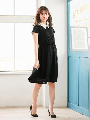 マタニティ ワンピース|LOVE MIC(ラブミック)衿デコラ シアーチェックフレアーワンピース マタニティ・授乳服【出産後も長く使える】|ブラック