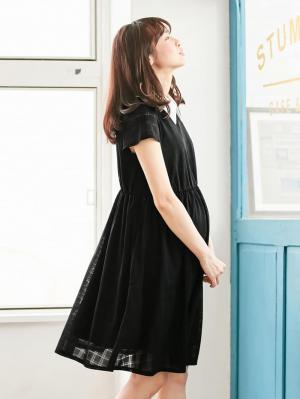マタニティ ワンピース|LOVE MIC(ラブミック)衿デコラ シアーチェックフレアーワンピース マタニティ・授乳服【出産後も長く使える】|ブラック