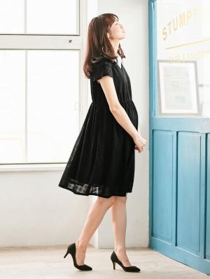 マタニティ ワンピース|LOVE MIC(ラブミック)衿デコラ シアーチェックフレアーワンピース マタニティ・授乳服【出産後も長く使える】|ブラック