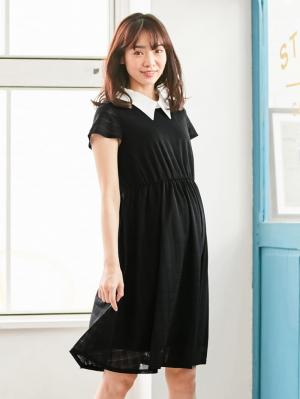 マタニティ ワンピース|LOVE MIC(ラブミック)衿デコラ シアーチェックフレアーワンピース マタニティ・授乳服【出産後も長く使える】|ブラック