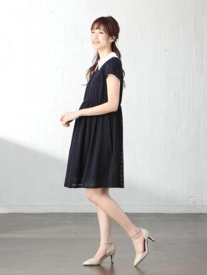 マタニティ ワンピース|LOVE MIC(ラブミック)衿デコラ シアーチェックフレアーワンピース マタニティ・授乳服【出産後も長く使える】|ネイビー