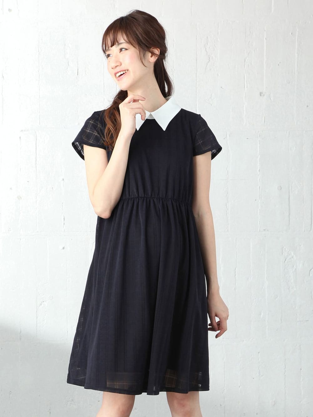 マタニティ ワンピース|LOVE MIC(ラブミック)衿デコラ シアーチェックフレアーワンピース マタニティ・授乳服【出産後も長く使える】|ネイビー