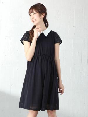 マタニティ ワンピース|LOVE MIC(ラブミック)衿デコラ シアーチェックフレアーワンピース マタニティ・授乳服【出産後も長く使える】|ネイビー