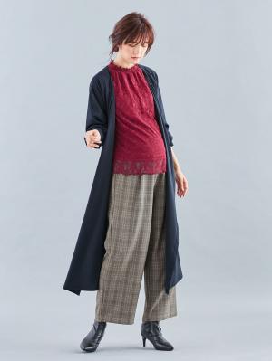 マタニティ トップス|LOVE MIC（ラブミック）カットレース　デコ襟トップス　マタニティ・授乳服|ボルドー