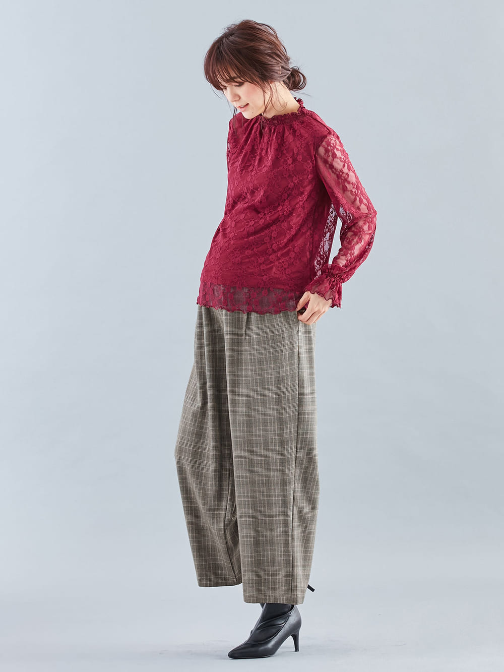 マタニティ トップス|LOVE MIC（ラブミック）カットレース　デコ襟トップス　マタニティ・授乳服|ボルドー