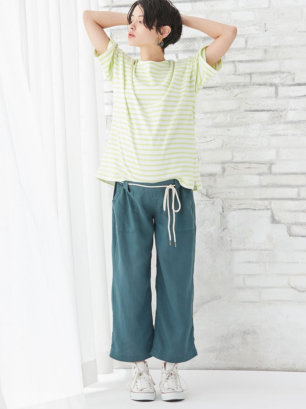 マタニティ パンツ|【産前産後対応】テンセル麻ベイカーワイドクロップドパンツ【出産後も長く使える】|グリーン