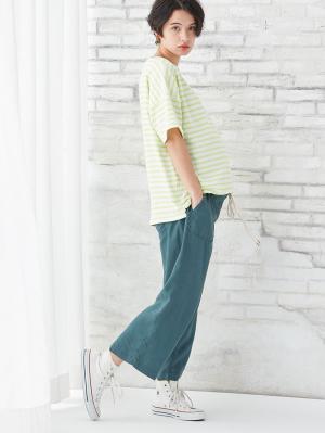 マタニティ パンツ|【産前産後対応】テンセル麻ベイカーワイドクロップドパンツ【出産後も長く使える】|グリーン