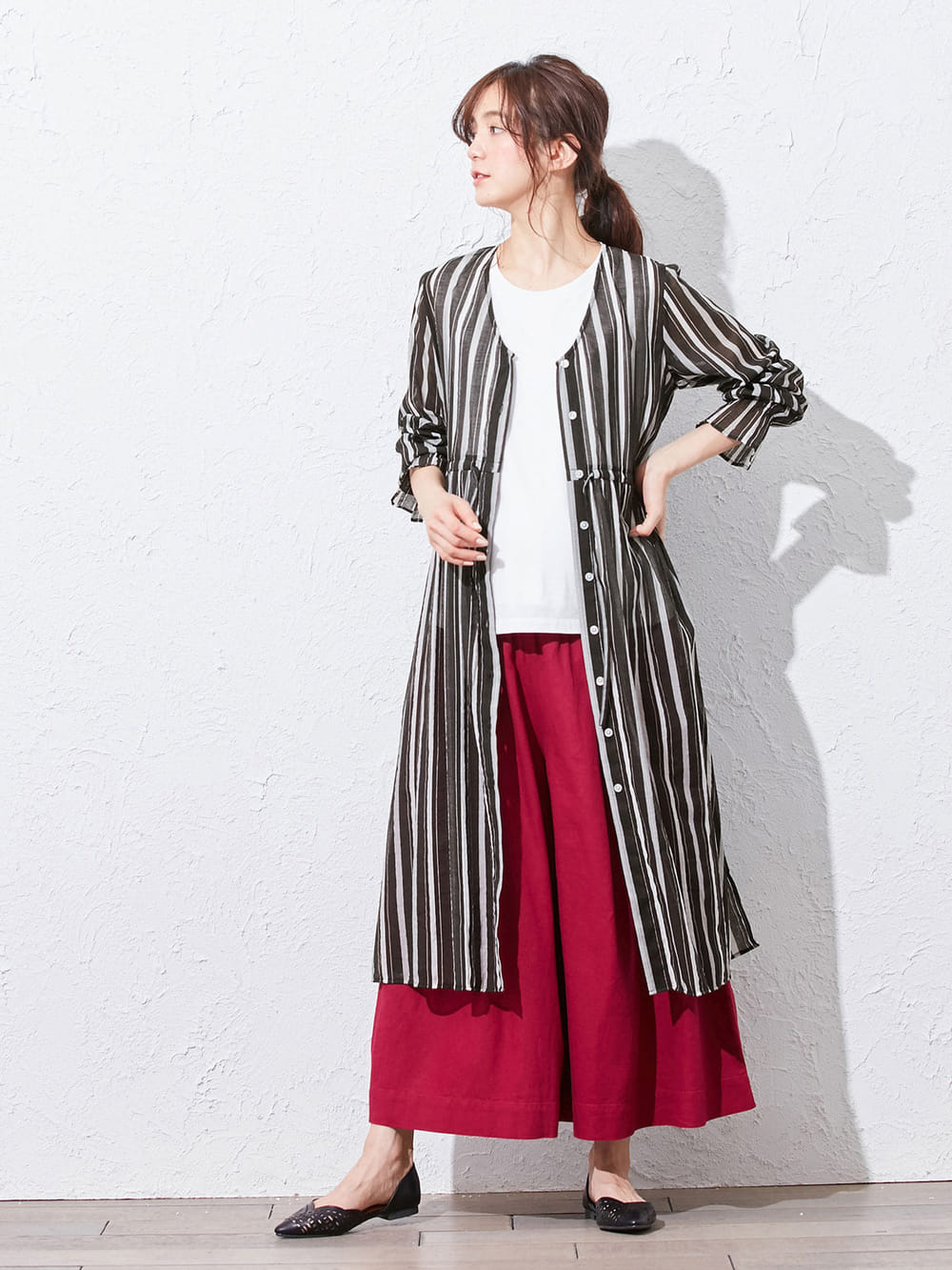 マタニティ ワンピース|オーガンジーマルチストライプワンピース マタニティ・授乳服|ブラック×オフ系