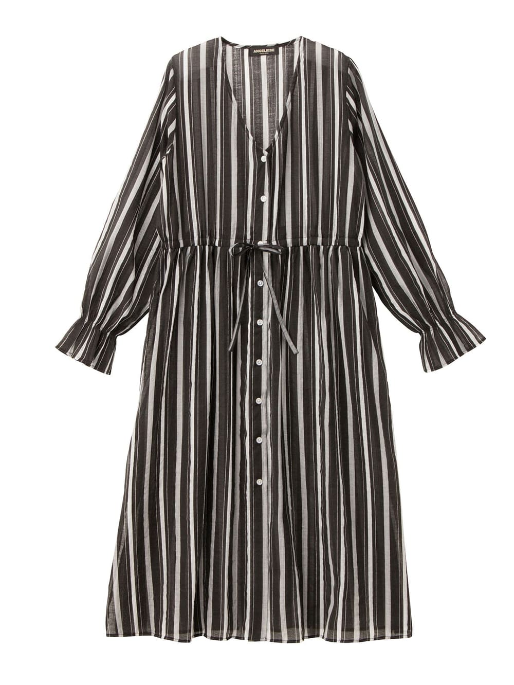 マタニティ ワンピース|オーガンジーマルチストライプワンピース マタニティ・授乳服|ブラック×オフ系