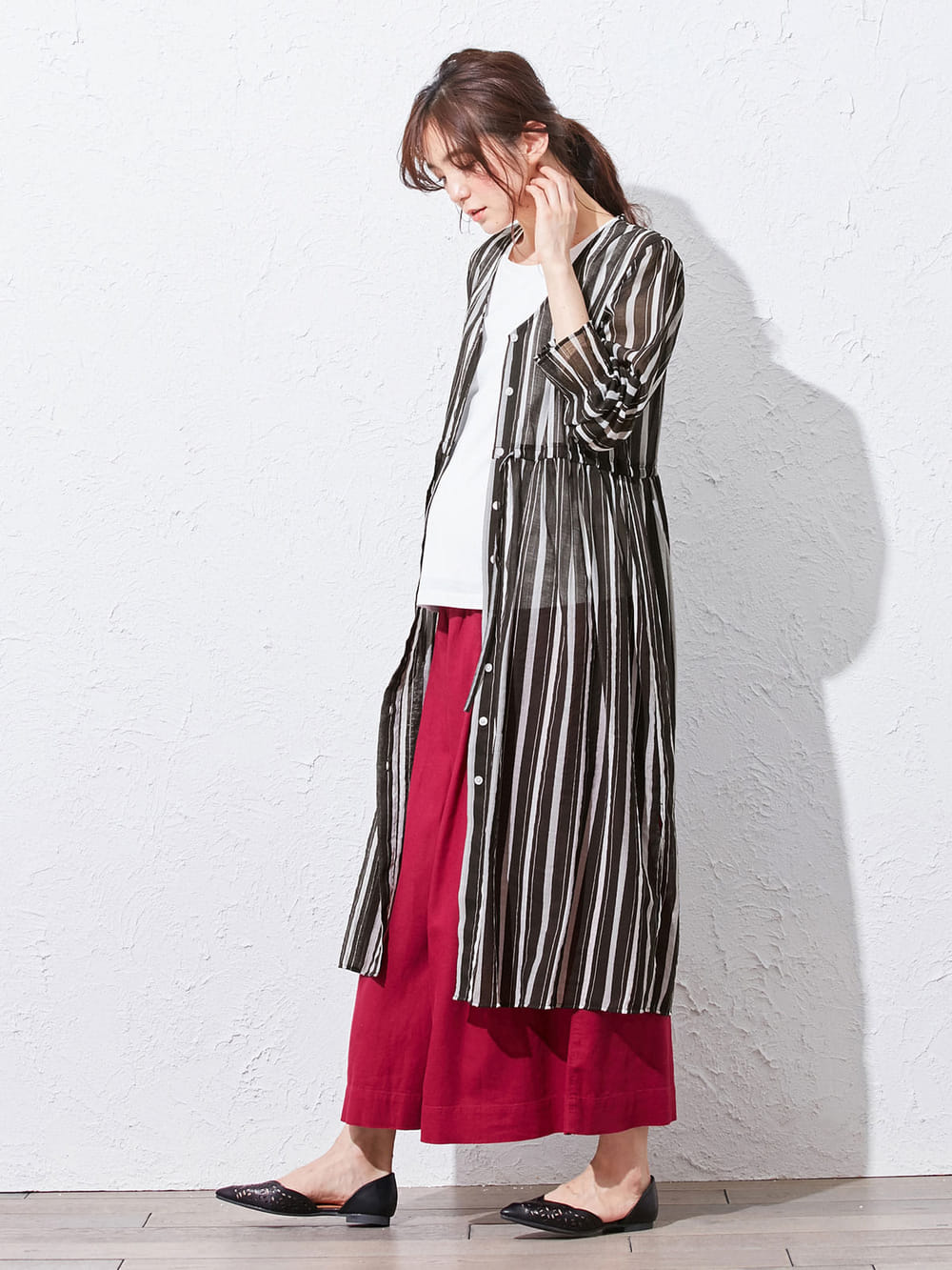 マタニティ ワンピース|オーガンジーマルチストライプワンピース マタニティ・授乳服|ブラック×オフ系