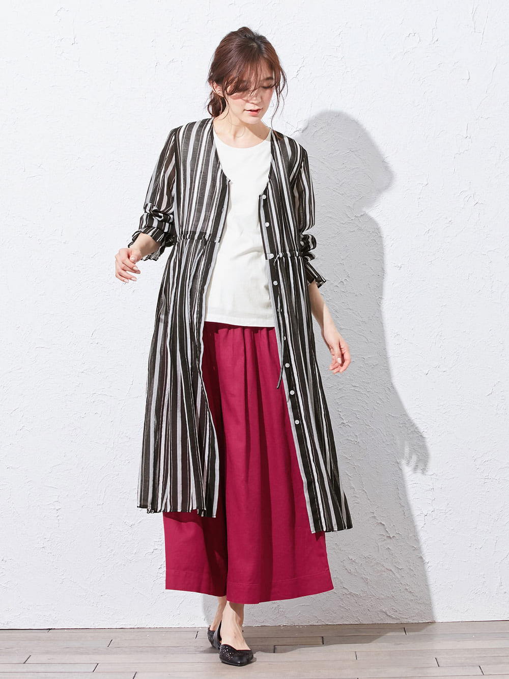 マタニティ ワンピース|オーガンジーマルチストライプワンピース マタニティ・授乳服|ブラック×オフ系