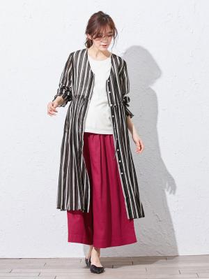 マタニティ ワンピース|オーガンジーマルチストライプワンピース マタニティ・授乳服|ブラック×オフ系