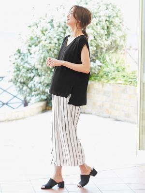 マタニティ パンツ|【マタニティ・授乳服】【産前産後対応】マルチストライプワイドパンツ【出産後も長く使える】|オフ×ブラック