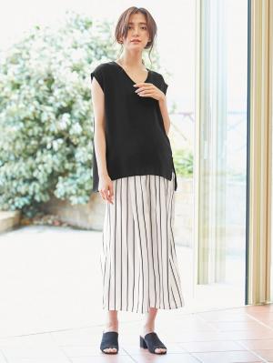 マタニティ パンツ|【マタニティ・授乳服】【産前産後対応】マルチストライプワイドパンツ【出産後も長く使える】|オフ×ブラック