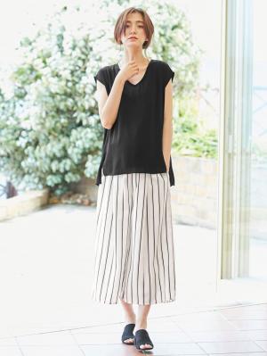 マタニティ パンツ|【マタニティ・授乳服】【産前産後対応】マルチストライプワイドパンツ【出産後も長く使える】|オフ×ブラック