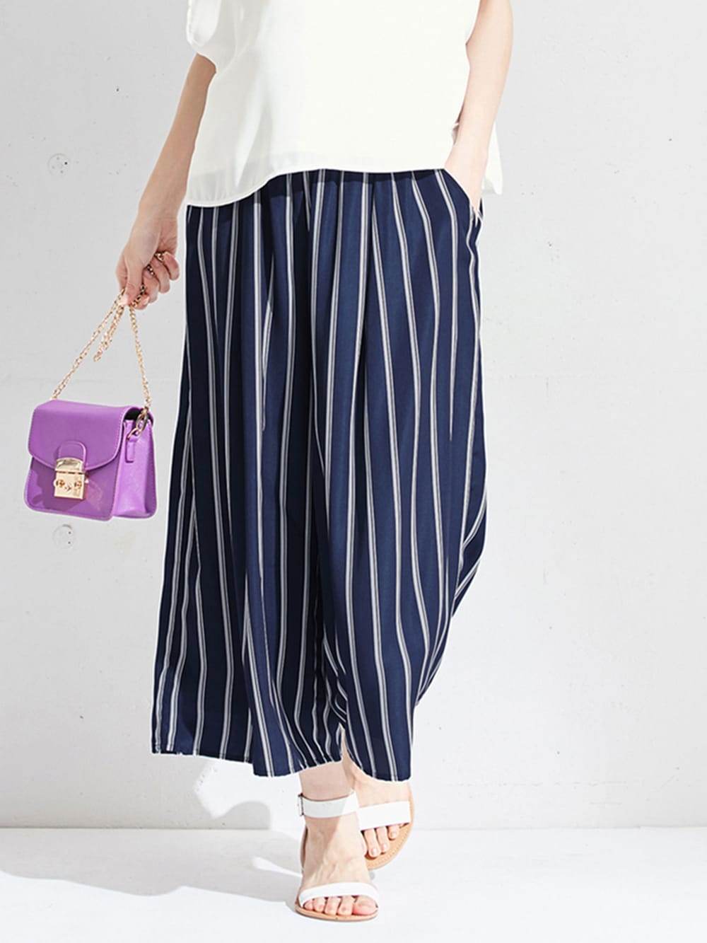 マタニティ パンツ|【マタニティ・授乳服】【産前産後対応】マルチストライプワイドパンツ【出産後も長く使える】|ネイビー×オフ