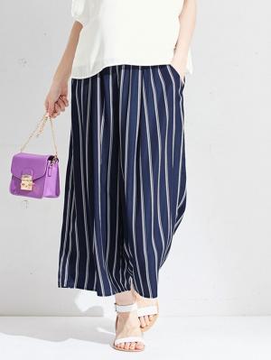 マタニティ パンツ|【マタニティ・授乳服】【産前産後対応】マルチストライプワイドパンツ【出産後も長く使える】|ネイビー×オフ