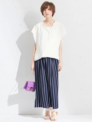 マタニティ パンツ|【マタニティ・授乳服】【産前産後対応】マルチストライプワイドパンツ【出産後も長く使える】|ネイビー×オフ
