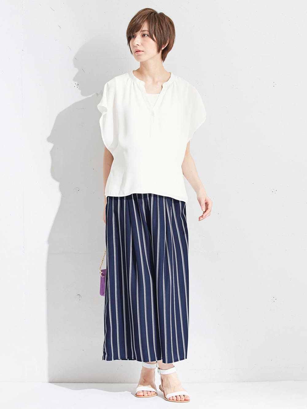 マタニティ パンツ|【マタニティ・授乳服】【産前産後対応】マルチストライプワイドパンツ【出産後も長く使える】|ネイビー×オフ