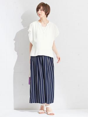 マタニティ パンツ|【マタニティ・授乳服】【産前産後対応】マルチストライプワイドパンツ【出産後も長く使える】|ネイビー×オフ