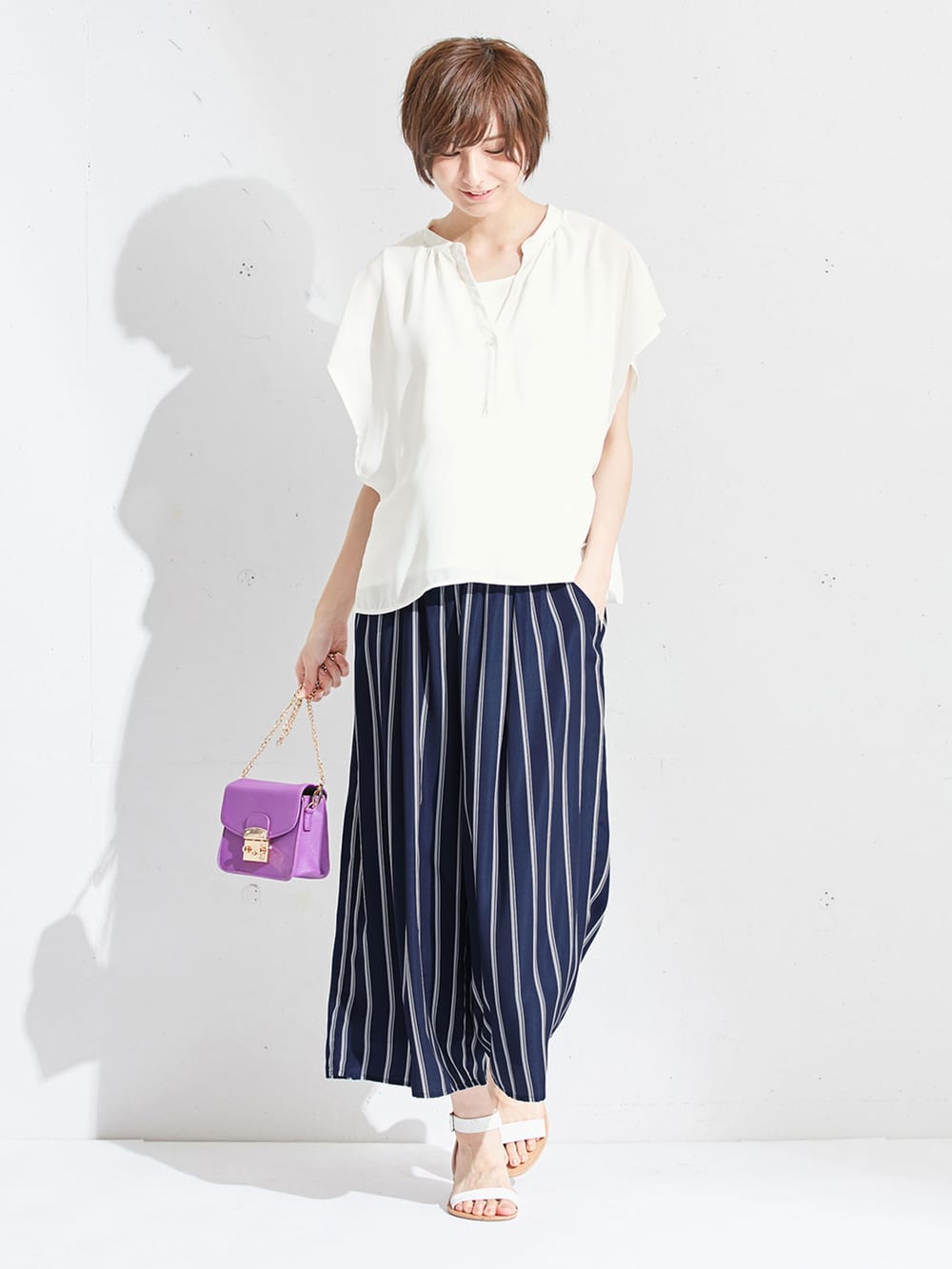 マタニティ パンツ|【マタニティ・授乳服】【産前産後対応】マルチストライプワイドパンツ【出産後も長く使える】|ネイビー×オフ