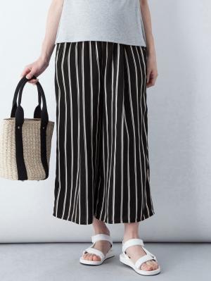 マタニティ パンツ|【マタニティ・授乳服】【産前産後対応】マルチストライプワイドパンツ【出産後も長く使える】|ブラック×オフ