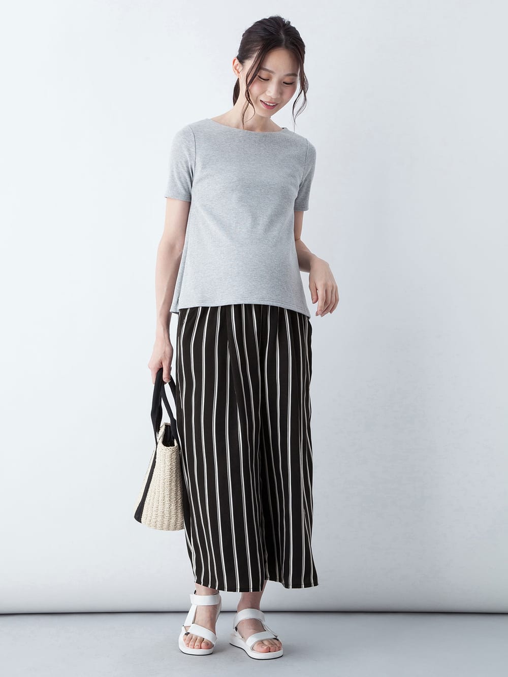 マタニティ パンツ|【マタニティ・授乳服】【産前産後対応】マルチストライプワイドパンツ【出産後も長く使える】|ブラック×オフ