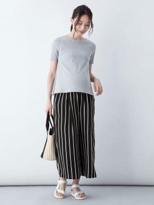 マタニティ パンツ|【マタニティ・授乳服】【産前産後対応】マルチストライプワイドパンツ【出産後も長く使える】|ブラック×オフ