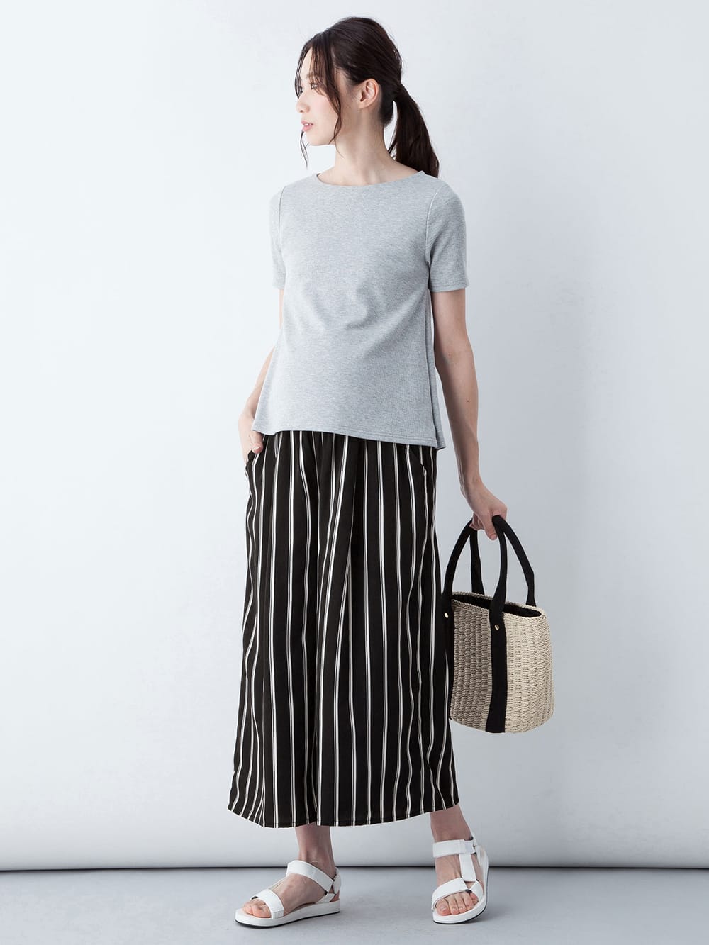 マタニティ パンツ|【マタニティ・授乳服】【産前産後対応】マルチストライプワイドパンツ【出産後も長く使える】|ブラック×オフ