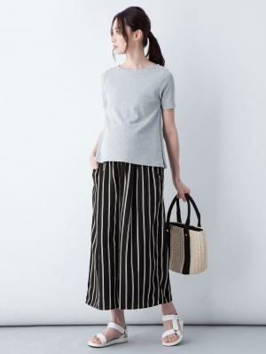 マタニティ パンツ|【マタニティ・授乳服】【産前産後対応】マルチストライプワイドパンツ【出産後も長く使える】|ブラック×オフ