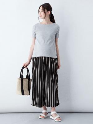 マタニティ パンツ|【マタニティ・授乳服】【産前産後対応】マルチストライプワイドパンツ【出産後も長く使える】|ブラック×オフ