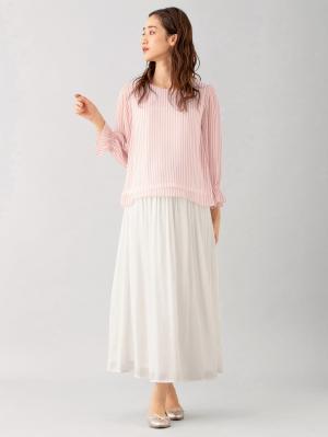 マタニティ トップス|【マタニティ・授乳服】ストライプシフォンボリュームスリーブブラウス【出産後も長く使える】|レッド