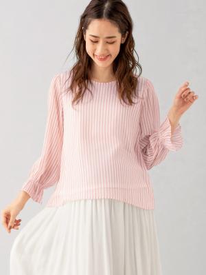 マタニティ トップス|【マタニティ・授乳服】ストライプシフォンボリュームスリーブブラウス【出産後も長く使える】|レッド