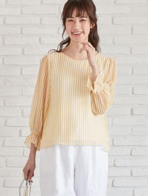 マタニティ トップス|【マタニティ・授乳服】ストライプシフォンボリュームスリーブブラウス【出産後も長く使える】|イエロー