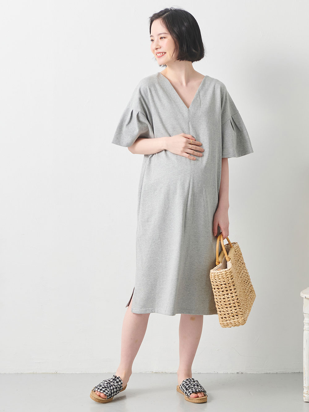 授乳口付 フレアースリーブvネックワンピース マタニティウェア 授乳服通販 エンジェリーベ 公式