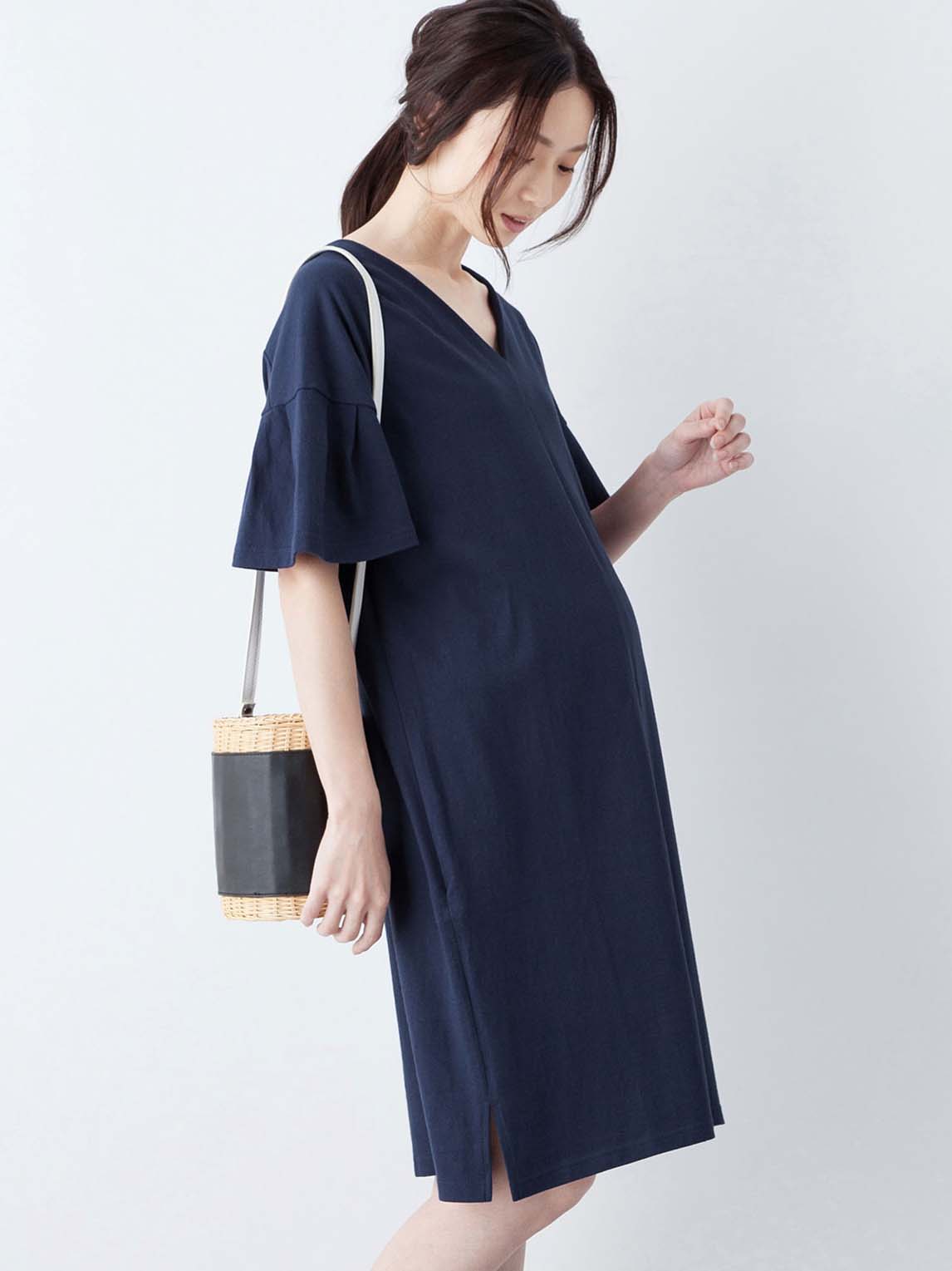 マタニティ ワンピース 授乳口付 フレアースリーブvネックワンピース マタニティウェア 授乳服通販 エンジェリーベ 公式