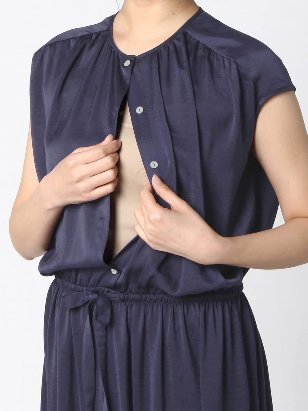 マタニティ ワンピース|ビンテージサテンギャザーロングワンピース　マタニティ・授乳服【出産後も長く使える】