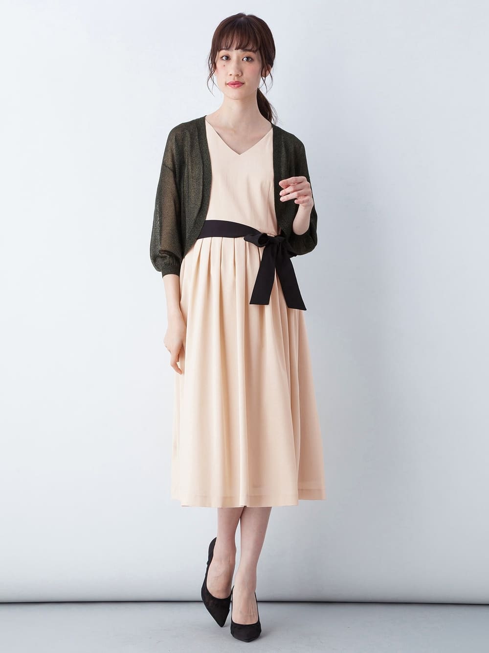 マタニティ ワンピース|リボン付タックスカートワンピース　マタニティ・授乳服【出産後も長く使える】|ペールベージュ