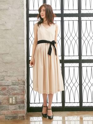 マタニティ ワンピース|リボン付タックスカートワンピース　マタニティ・授乳服【出産後も長く使える】|ペールベージュ