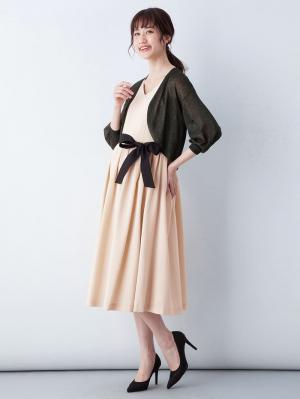 マタニティ ワンピース|リボン付タックスカートワンピース　マタニティ・授乳服【出産後も長く使える】|ペールベージュ