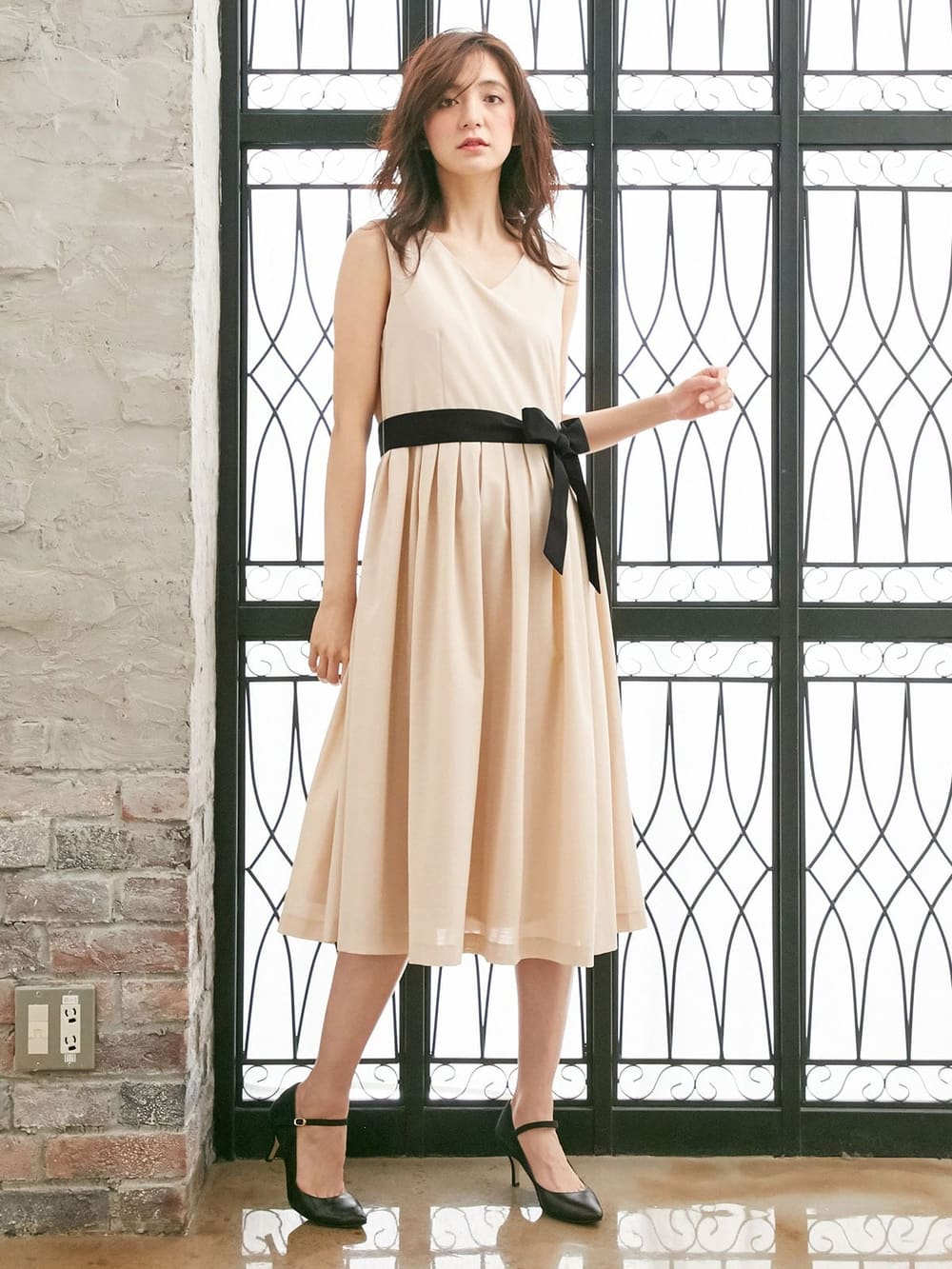 マタニティ ワンピース|リボン付タックスカートワンピース　マタニティ・授乳服【出産後も長く使える】|ペールベージュ