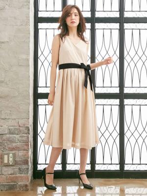 マタニティ ワンピース|リボン付タックスカートワンピース　マタニティ・授乳服【出産後も長く使える】|ペールベージュ