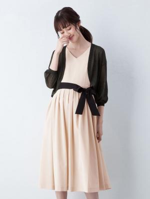 マタニティ ワンピース|リボン付タックスカートワンピース　マタニティ・授乳服【出産後も長く使える】|ペールベージュ