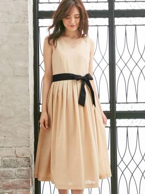 マタニティ ワンピース|リボン付タックスカートワンピース　マタニティ・授乳服【出産後も長く使える】|ペールベージュ