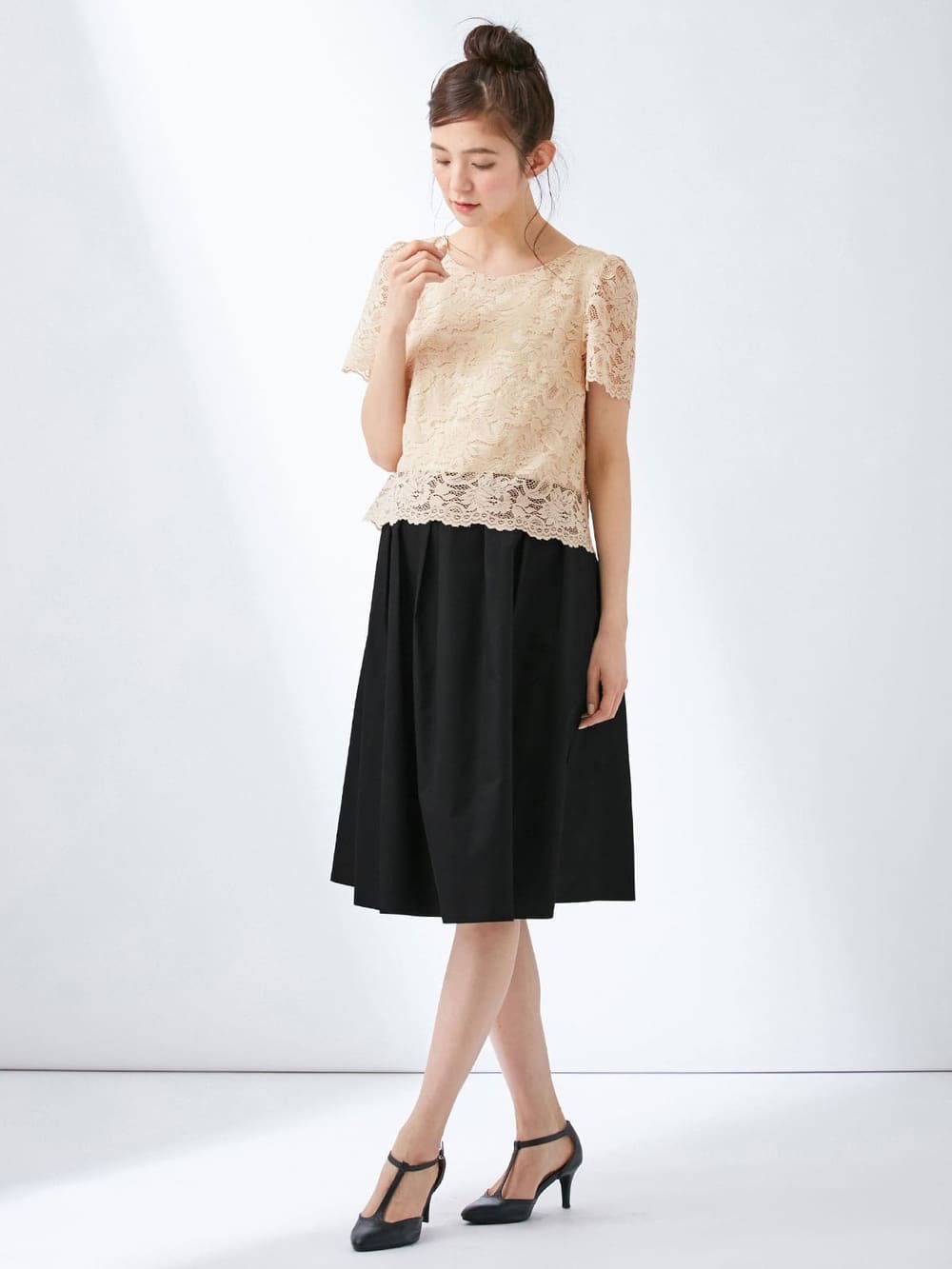 マタニティ ワンピース|スカラップレース&異素材ワンピース マタニティ・授乳服【出産後も長く使える】